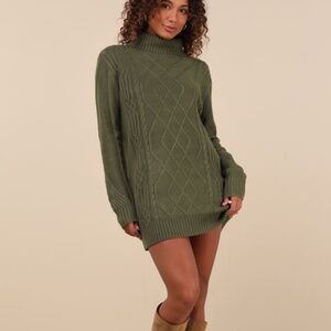 Lulus Cuddle Up Close Olive Green Cable Knit Turtleneck Sweater Dress - Size S
